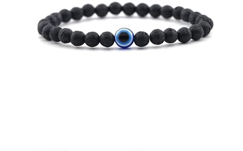 Lameybrt 6mm Auge des Bösen Blick Armband Schutz Stretch Armbänder mit Naturstein für Männer Handgemacht Heilsteine und Herrenarmband (A10 Volcanic rock, Mittel 19cm)