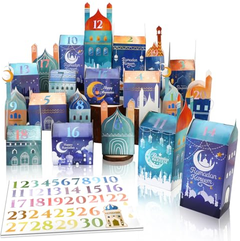 DPKOW 30 Stück Geschenkboxen Ramadan Kalender zum Befüllen and Basteln, DIY Papier Ramadan Countdown Kalender Ramazan Geschenkboxen, Ramadan Adventskalender Boxen Tüten Ramadan Deko, mit Aufkleber