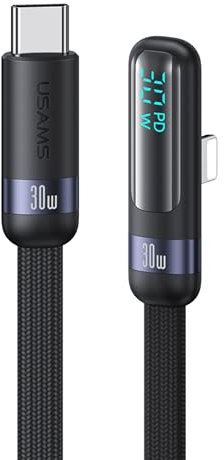P4Y Kabel kompatibel mit Apple zu USB-C zum Laden und zur Datenübertragung PD30W 480Mbps mit digitaler Anzeige und L-förmigem/90 Grad Stecker, Wind series 1.2m schwarz US-SJ652