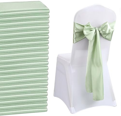 QeeFop 50 Stück Salbeigrün Satin Schärpe Hochzeit Stuhl Bogen, Elastische Stuhlschärpen Stuhl Schärpen für Hochzeitsdekoration Geburtstag Bankett Party Stuhlhussen Feier Dekoration (Salbeigrün)
