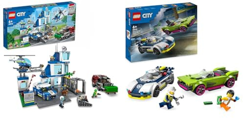 LEGO 60316 City Le Commissariat de Police: Jouet de Construction avec Voiture & City La Course-Poursuite Entre la Voiture de Police et la Super Voiture, Jouet Imaginatif et de Rôles