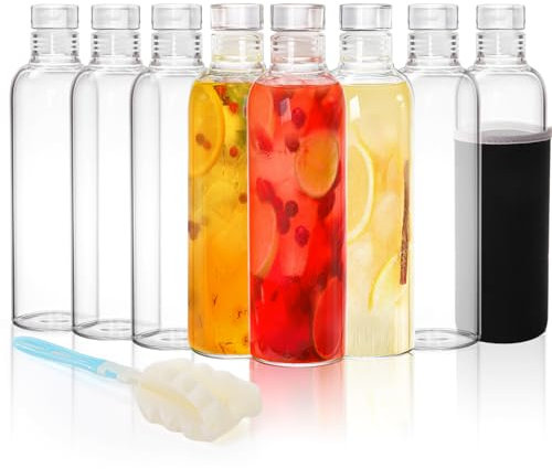 Acshio 8 Pack Glass Juice Bottles with Lids, 16 Oz Reusable Glass Water Bottles with Protective Sleeve and Brush, Leak Proof Empty Drinking Cup Container for Juice, Milk, Coke, Sodas