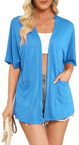 Wiwclo Womens Blue Short Sleeve Kimono Cardigans 2025 Lightweight Summer Cardigan Casual Loose Fit Beach Cover Up Curved Hem with Pockets,Blue,M
