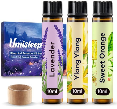 Umisleep ätherisches Öl Set für besseren Schlaf und Entspannung – 100% naturreine Öle für Diffuser und Duftlampe, Lavendel, Süße Orange, Ylang-Ylang, 3 x 10 ml, Geschenkset