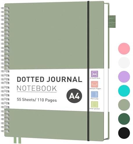 RETTACY Notizbuch A4 Gepunktetes, Bullet Dot Journal, Leichtgewicht Collegeblock, 55 Blatt / 110 Seiten Zum Schreiben, 100gsm, PVC Rinbuch, für Frauen Männer Arbeit Büro, 21,5 x 27,9cm - Grün