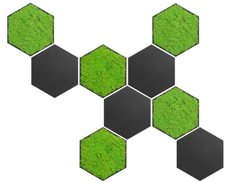 ebenkunst Moosbild Hexagon 9er Set – Wanddeko aus schwarzem MDF | Schwarz durchgefärbtes MDF, 9-teilig, ca. 90 x 75 cm, konserviertes Moos, 6 Farben, Made in Germany