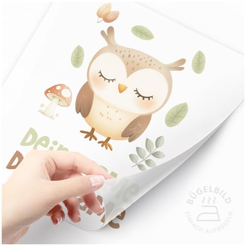 Moonworks® Bügelbilder Set für Kinder Waldtiere Personalisiert Tiermotive Wunschname Patches zum Aufbügeln auf Textilien Eule weiß standard
