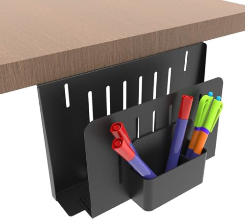 JINGCHENGMEI Desk Side Storage, Under Desk Storage, Steel Desk Hanging Organizer, Laptop Holder with a Pen Holder, Depth Adjustable Side Desk Storage Holder for Office or Home