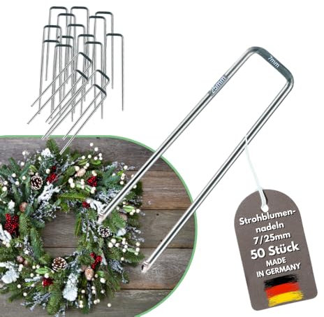 JK Trends Premium Strohblumennadeln Silber - 50er Set 7/25 mm - Krampen zur Gestaltung von Dekoration, Blumen, Garten, Strohkränze, langlebiges Werkzeug für vielseitige Anwendungen