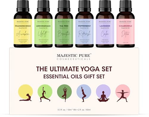 Majestic Pure, Yoga Essential Oil Gift Set | 100% Pure & Natural Set for Yoga, Meditation and Self-Care Rituals | Frankincense, Tea Tree, Lavender, Peppermint, Lemongrass, Chamomile - Pack of 6