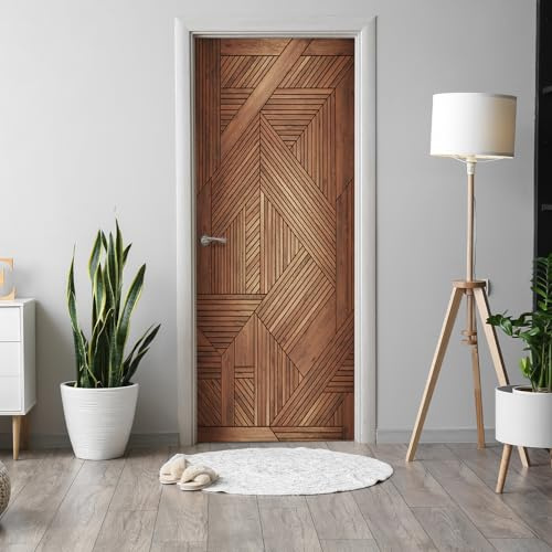 Alwayspon 200x76cm Geometric Wood Self-Adhesive Door Mural Sticker, Vinyl Peel and Stick Door Wraps, Waterproof Removable Door Poster Decals for Bedroom Home Wall Decoration