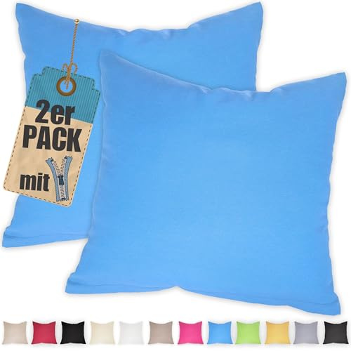 2er Pack Kissenbezug 35x35 cm Himmelblau Baumwolle Kissenhüllen | Doppelpack, Reißverschluss verdeckt, waschbar, atmungsaktive Baumwoll-Mischgewebe (85% BW, 15% Poly), Kopfkissenbezug