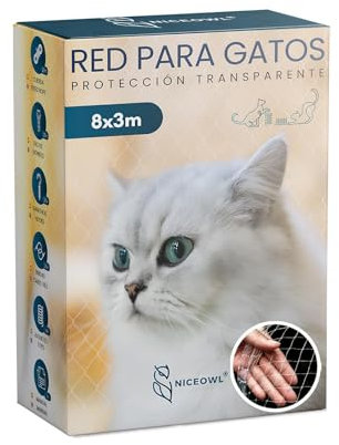 NICEOWL® Red para Gatos Terraza 8x3m Transparente I Malla Resistente y Duradera I Red de Proteccion para Gatos para Terraza, Balcon, Ventanas, etc.