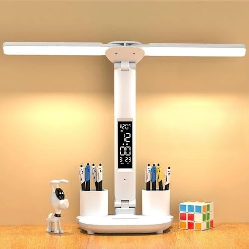 SUQ LED Desk Lamp, Dual Swing-Arm Table Lamp with 3 Color Modes, Double Head Desk Lamp with Clock Date and Pen case, Reading Light for Home, Office, Bedside, Eye Protection (Clock Style)