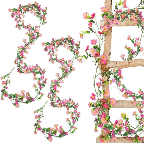 TREABEAR 2PCS Rosenrot Gänseblümchen Deko Blumengirlande, 175cm Blumengirlande Gänseblümch,Frühlingsdeko Kunstblumen Wie Echt,Frühlingsgirlande Blumen Künstlich Deko für Room Wand