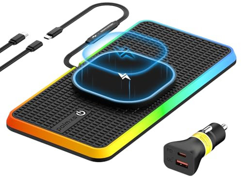 Wireless Car Chaging Pad RGB for Magsafe, Polmxs 15W LED Magnetic Wireless Car Charger Non Slip Mat with 30CM Cable + 70CM Extension Compatible with iPhone 17 16 15 14 13 12 Pro, Airpods (K1MAG)