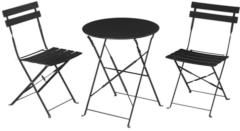 eSituro Bistrotisch mit 2 Stühlen Bistro Set 3-teilig Gartenmöbel Klappbar Klappstuhl Klapptisch Klein Balkon Set 2 Personen Balkontisch Gartentisch für Balkon Garten Terrasse Outdoor, Schwarz