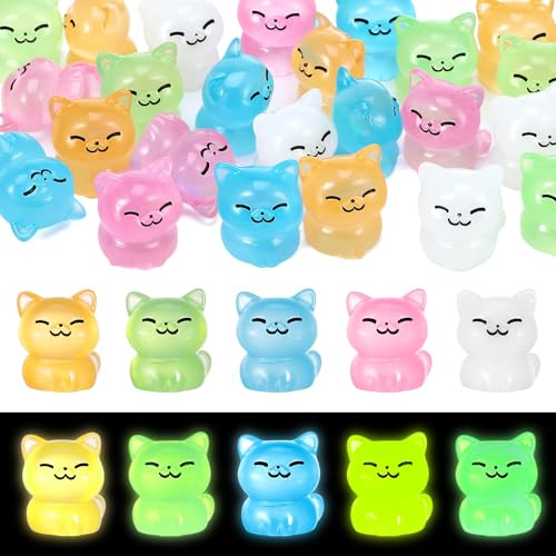GSrenyu 25 mini figuras de gato, mini animales de resina que brillan en la oscuridad, figuras en miniatura de resina luminosa para jardín, acuario, casa de muñecas, mesa, paisaje, decoración de fiesta