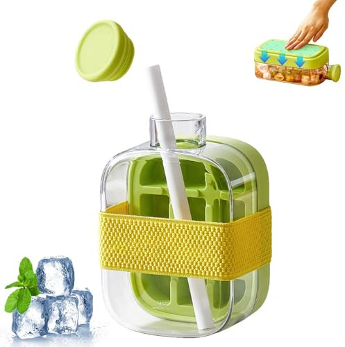 Botella de hielo 2 en 1 con paja, un toque de hielo sin tocar, para hacer cubitos de hielo, para hacer hielo en el hogar, picnics al aire libre (500 ml)