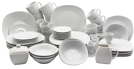 XXL Kombigeschirrset Olivia 62 tlg. für 6 Personen | hochwertiges Porzellan in Coup - Form | klassich weiß | Spülmaschinen- & Mikrowellengeeignet
