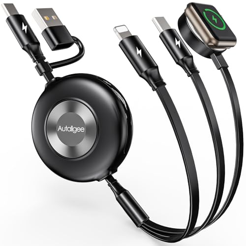 Retractable Multi Charging Cable, 3 in 2 Retractable Charging Cable for Apple Watch Charger/USB C/L, 110cm Retractable Chargers for Multiple Devices for iWatch Ultra/10-2/iP-hone 17-11/Samsung S25-S20