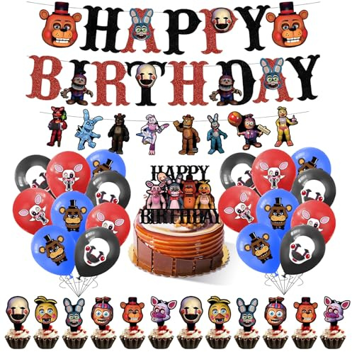 FNAF Geburtstagsdekorationen, Five Nights at Freddy's Party-Dekorationen mit Banner, Latex-Luftballons, Kuchendekoration, Cupcake-Topper, Nachtbär-Thema, Geburtstagsparty-Zubehör für Kinder, Babyparty