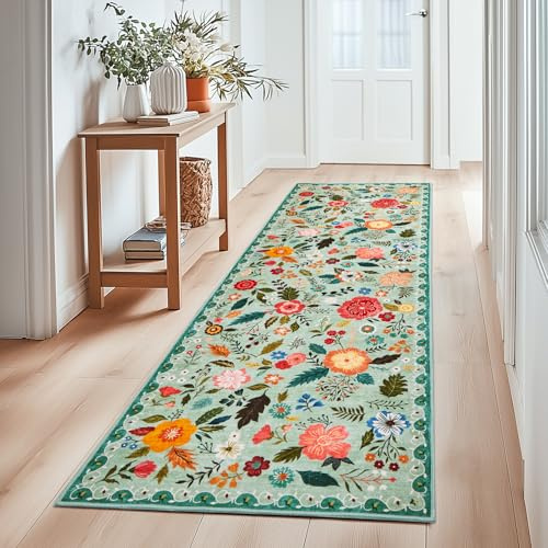 Puremy Waschbarer Flur Teppich Kurzflor Läufer, Vintage Blumenmuster Niedriger Flor, Wohnzimmerteppich Weich Teppiche für Bettvorleger Matte/Deko/Schlafzimmer/Kinderzimmer, 80x150cm, Grün