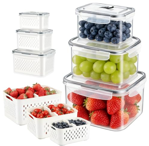 Esyhomi Fresh Food Storage Containers for Fridge, 3 Pack Fruit Storage Container with Removable Colander and Vent Handle Lids, BPA-Free, Refrigerator Organizer Bins for Fruit Salad Vegetables, Meat