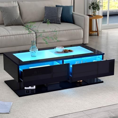 EURHCIO Table Basse Salon 50x100x35 cm,Table Basse Noir,Meuble Bas Rangement avec Éclairage LED,2 Tiroirs,Plateau en Verre,Base Rectangulaire Robuste,pour Salon (F-Noir)