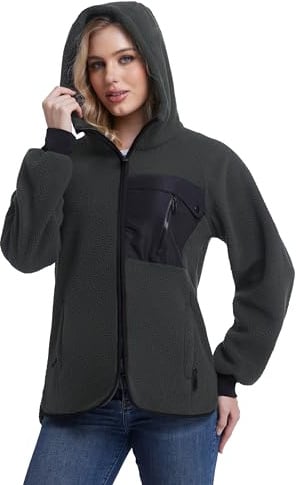 Mnking Giacca Pile Donna Invernale con Cappuccio Cerniera Felpa Sherpa Polar Hoodie Caldo Termica Lavoro Teddy Cappotto per Outdoor Running Trekking Sci