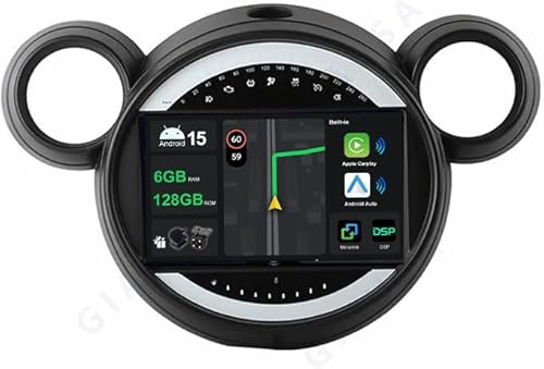 9 [6G+128G] Android 15 Radio Coche para BMW Mini R56 Cooper、Cooper D、Cooper SD、Cooper S John Cooper Works、One、One D 8 Core con Carplay|Android Auto|DSP|Mirror Link-GPS/Bluetooth 5.0/360 AHD Cámara