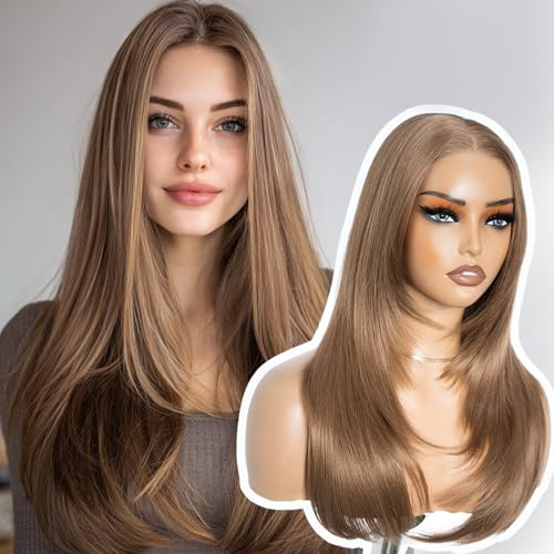 Style Icon Wear and Go Perücke vorgeschnitten für Anfänger lang geschichtet gerade synthetische Lace-Front-Perücke mit Vorhang-Pony, 50,8 cm, 3 Sekunden zu tragen (12Q)