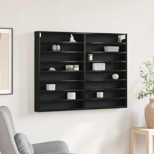 QUAHEAS Vitrine Schwarz Eichen-Optik, 100x8,5x75 cm Holzwerkstoff, Wandmontage, schmale Hängeregal für Wohnzimmer, Schlafzimmer, Büro