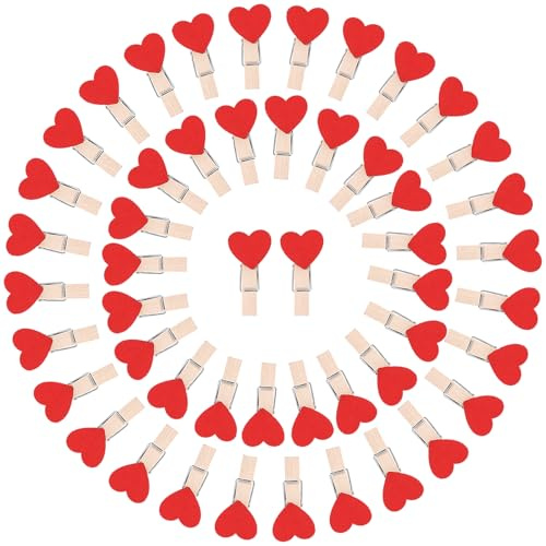 Shimmeroo Lot de 50 petites pinces à linge en bois en forme de cœur pour accrocher des photos, travaux de décoration, mariages, anniversaires, événements