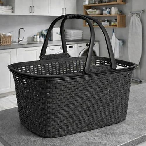 Ebaxx 32 Liter Rattan Henkel Wäschekorb Wäschewanne mit Griffen aus Kunststoff in Grau Anthrazit