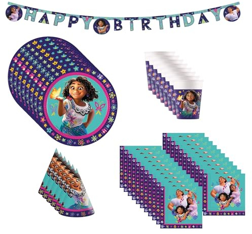 Procos Encanto Partyset 43-tlg. für 8 Kinder FSC® | 8 Teller, 8 Becher, 20 Servietten, 6 Partyhüte, 1 Partyketten