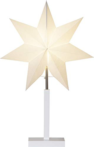 Tischlampe Weihnachtsstern Karo von Star Trading, 3D Papierstern Weihnachten in Weiß mit Holz-Fuß in Weiß, Dekostern Tischleuchte mit Kabelschalter, E14, Höhe: 52 cm