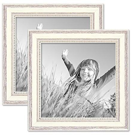 2er Set Bilderrahmen Shabby-Chic Landhaus-Stil Weiss 20x20 cm Massivholz mit Glasscheibe und Zubehör/Fotorahmen