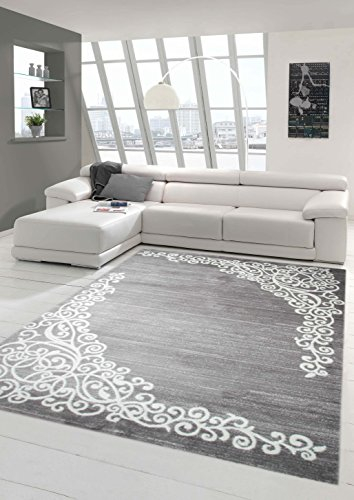Moderner Teppich Designer Teppich Orientteppich mit Glitzergarn Wohnzimmer Teppich mit Floral Muster Meliert in Grau Creme Größe 80x150 cm