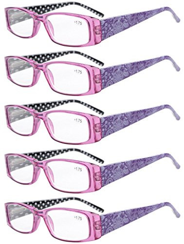 Eyekepper 5 Paia Occhiali da Lettura Aste Reticolo di Fiore per Donne Lettori in Plastica Lenti Trasparenti Colore Viola Diottria 2.25