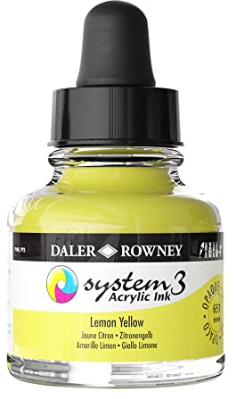 Daler-Rowney System3 Acrylic Ink, Glass Bottle with Dropper, Opaque, 1oz - 29.5 ml, Lemon Yellow