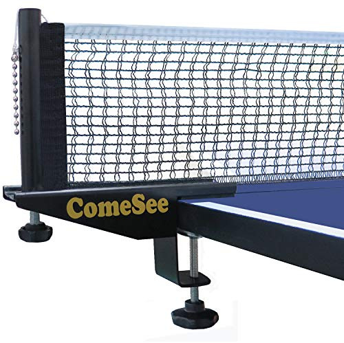 ComeSee Table Tennis Net and Post Set Strength Screw Clamp, 1.5 Inch Width Grip Holder, Insert Type Ping Pong Net Clip, Tension and Height Adjustable Easy Set Up (Black)
