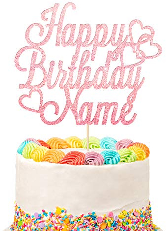 Personalised Happy Birthday Cake Topper | Customized Name Cake Decoration | Double Sided Glitter Card | Baby Pink