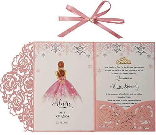 KUCHYNEE Rosa Hochzeitseinladungskarten Mit Perle -20 Stück Lasercut Flora Tri-Fold Seidenband Brautpartys Hochzeiten Einladungskarten inkl Umschläge (Erröten Rosa)