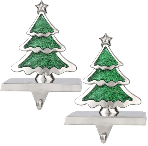 Set mit 2 Weihnachtsbaum-Strumpfhalter für Kaminsims, Weihnachtsstrumpf-Aufhänger für Kamin, Weihnachtsdekoration, Weihnachtsbaumhaken für Strümpfe, Metall, Silber, Weihnachtshalter-Set