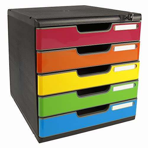 Exacompta 331798D Ablagebox Modulo mit 5 abschließbare Schubladen für DIN A4+ Dokumente. Belastbare Schubladenbox mit hoher Kapazität für mehr Platz auf dem Schreibtisch Blauer Engel schwarz/bunt