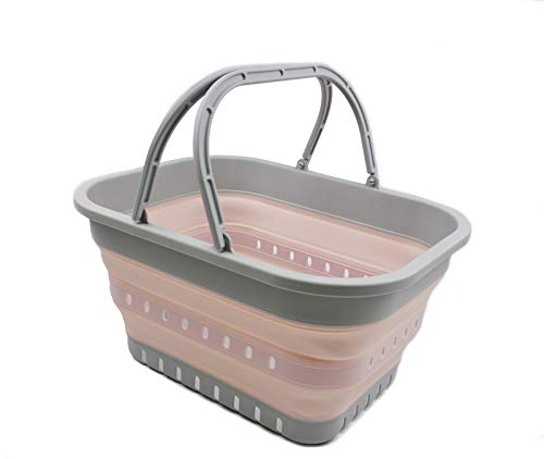 SAMMART 19L Collapsible Tub with Handle - Portable Outdoor Picnic Basket/Crater - Foldable Shopping Bag - Space Saving Storage Container (Grey/Pink, 1)