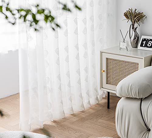 M&W DAS DESIGN Gardinenschal halbtransparent Dekoschal Stoff Ösenschal Voile Bestickt Fensterschal Leinenoptik Ösenvorhang Blätter Stickerei Stores Gardinen 140x245 cm weiß (1 Stück)