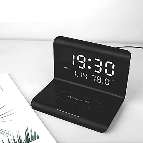 Lsaardth Reloj Despertador Digital con Carga inalámbrica - Cargador inalámbrico Qi 3 en 1 Estación de Carga inalámbrica Termómetro Interior Calendario Reloj Despertador para Dormitorio Oficina(Negro)
