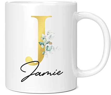 Personalised Letter J Floral Mug Initial with Name, Customised Gift, Gold Effect Printed Letter, NOT Metallic - Ceramic Coffee Cup for Men or Women, Extra Large and Giant Mug, 11oz White Mug